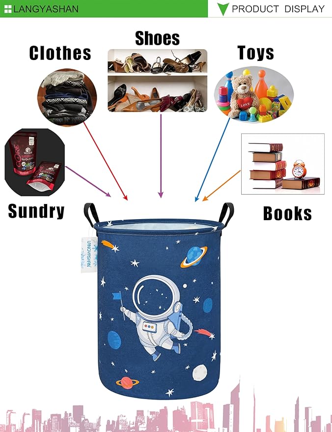 LANGYASHAN Laundry Basket Canvas Fabric Collapsible Organizer Basket for Storage Bin Toy Bins Gift Baskets Bedroom Clothes Children Nursery Hamper (Blue Space Astronaut)