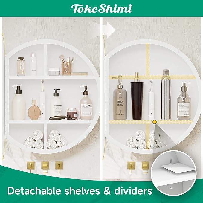 TokeShimi 26x26 Round Medicine Cabinet for Bathroom,Gold White Circle Medicine Cabinet with Mirror Shatterproof,Detachable Shelves,Wall Mounted Only