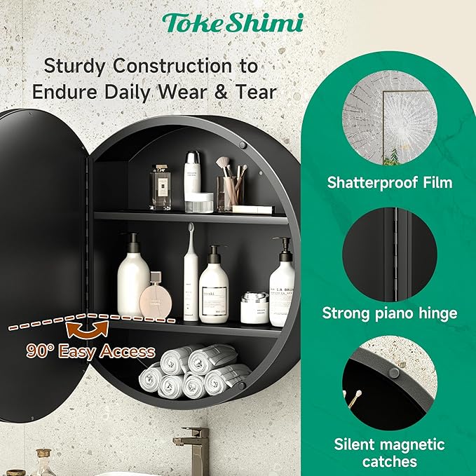 TokeShimi 28 Inch Round Medicine Cabinet for Bathroom with Mirror Surface Mount Only Black Metal Framed Mirrored Bathroom Cabinet Large Modern Farmhouse Circle Wall Mounted Vanity Mirror with Storage