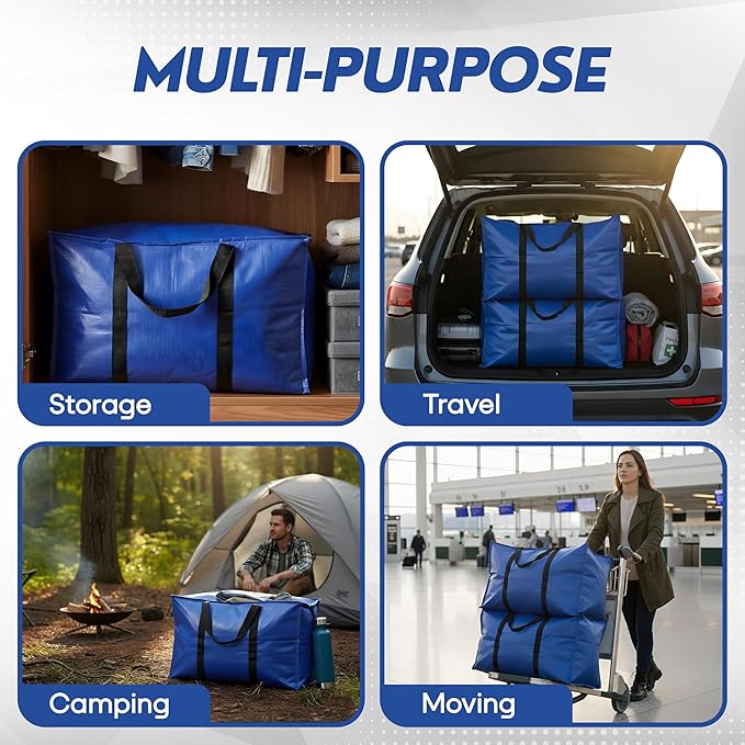 Extra Large Moving Bags Heavy Duty - 6 Pack Blue Storage Bags with Zipper & Strong Handles | Moving Bags for Clothes, Bedding & Home Organization | Reusable Packing Bags for Moving, Travel & College