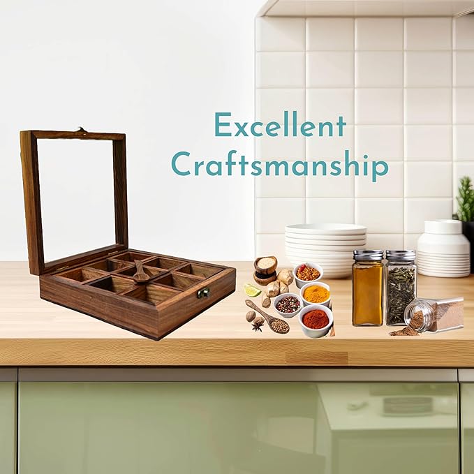 Masala Dabba Indian Wooden Spice Box with Glass Top and Spoon - Sheesham Rosewood (8 inch spice box)