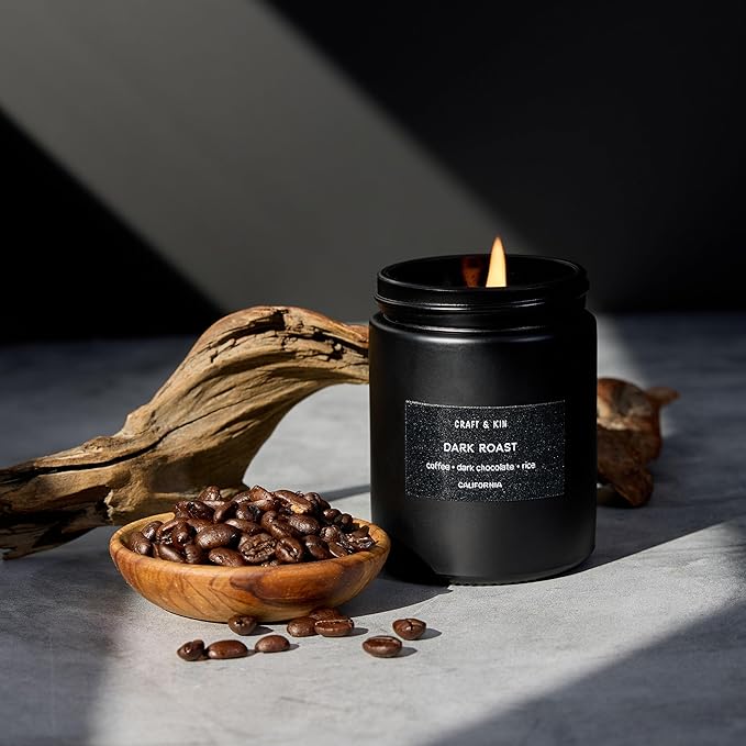 Craft & Kin Premium Dark Roast Coffee Candle | Black Scented Candles for Home | Long Lasting with 45 Hour Burn Time, 7.6oz | Soy Candle | Aromatherapy at Home | Gifts for Men