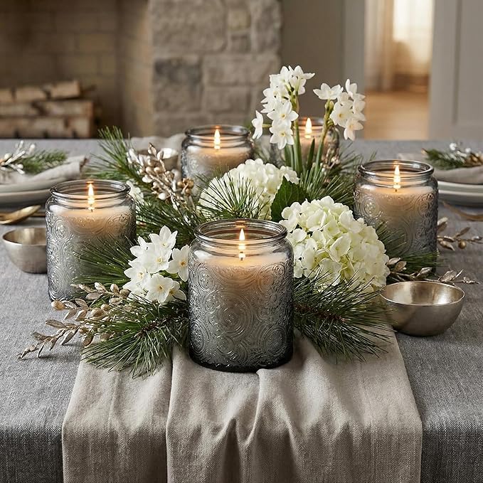 9-Pack 8oz Embossed Glass Candle Container with Bamboo Lids and Labels, Gray Candle Jars for Making Candles, Sun Moon Star Design