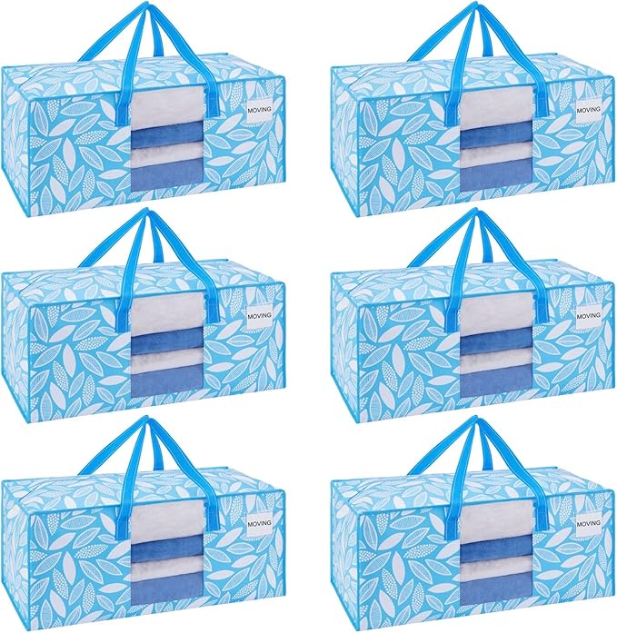 VENO 6 Pack Heavy Duty Moving Bags, Storage Bins with Lids, Transparent Window Design, Alternative to Moving Boxes, Storage Bags for Clothes, Blankets, Comforters (Spring Breeze, 6 Pack)