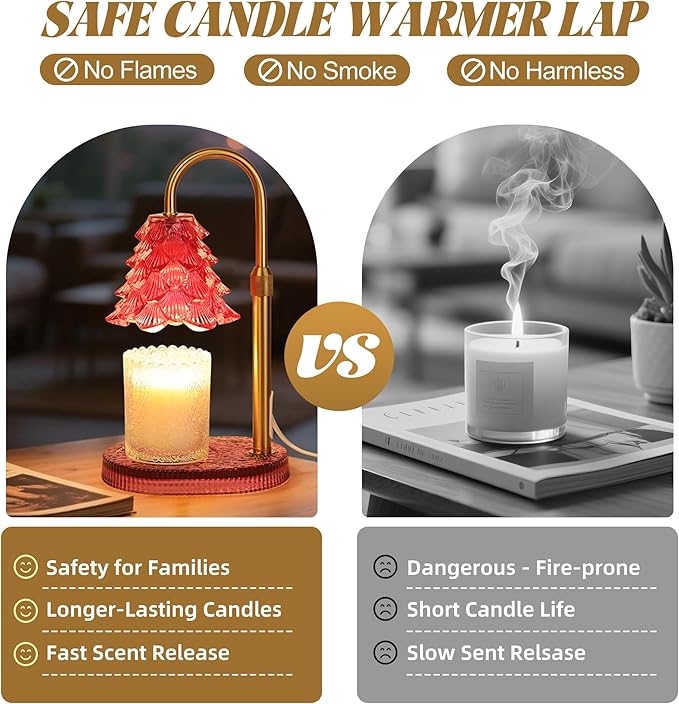 Christmas Tree Shaped Candle Warmer Lamp with Timer & Dimmer – Adjustable Wax Melt Lamp for Jar Candles, Home Decor Accent for Women – 2 Bulbs, Flame-Free & No-Smoke Use (Burgundy)