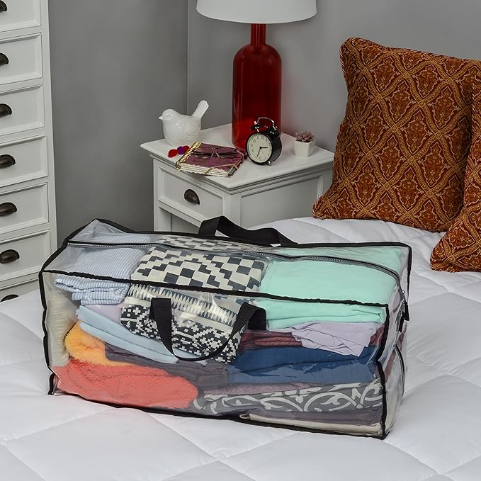 ZENPAC Clear Blanket Storage with Handles, Zippered Plastic Bags, Heavy Duty, Waterproof for Packing Clothes, Linens, Comforters, 27x12x13.75, 3 Pack