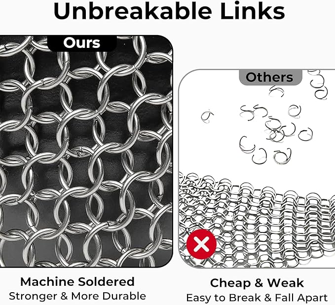 Amagabeli Cast Iron Cleaner with Handle Stainless Steel Chainmail Pan Scrubber for Cast Iron Skillet Cleaner Chain Mail Scrubber Brush Pan Pot Wok Griddles BBQ Grills