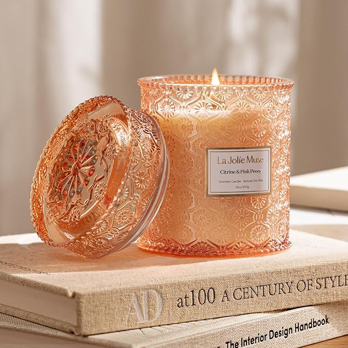 LA JOLIE MUSE Citrine & Pink Peony Scented Candle | Bergamot, Peony & Amber | 19 oz Large Wooden Wick | Natural Soy Wax | 90-Hour Clean Burn | Gift-Ready for Hosts & Gatherings