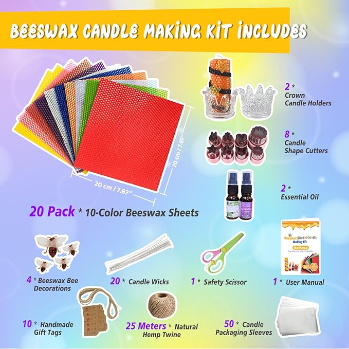 Beeswax Candle Making Kit for Adults & beginners 100% Pure Beeswax Candle Making Supplies with 20 Colorful Sheets, 8 Press-Out Molds, Glass Candle Holders & Complete Gift Supplies | Creative DIY Craft