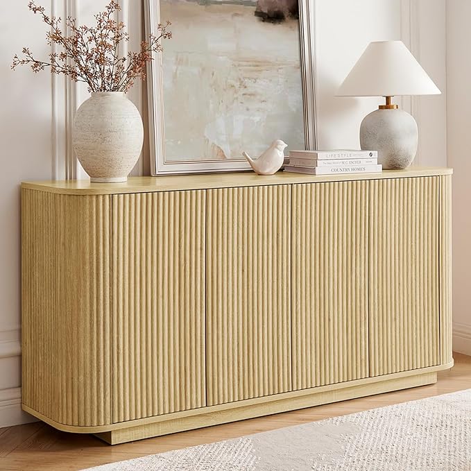 64" Sideboard Buffet Cabinet with Storage, Modern Fluted Accent Credenza with Adjustable Shelves, Wood Media Console Coffee Bar Table for Living Room Kitchen Dining Room, 31.5" H, Natural