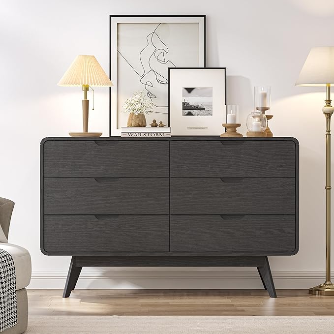 Black Modern 6-Drawer Dresser & TV Stand, 47" Wide Storage Cabinet with Unique Wooden Handles, Mid-Century Style Chest of Drawers for Bedroom, Living Room, Hallway
