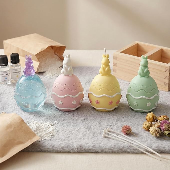 Easter Bunny Egg Candle Jar Silicone Mold, 3D Rabbit Egg Resin Mold with Base for DIY Candle Vessel, Storage Cup, Desktop Decor & Festival Craft Making