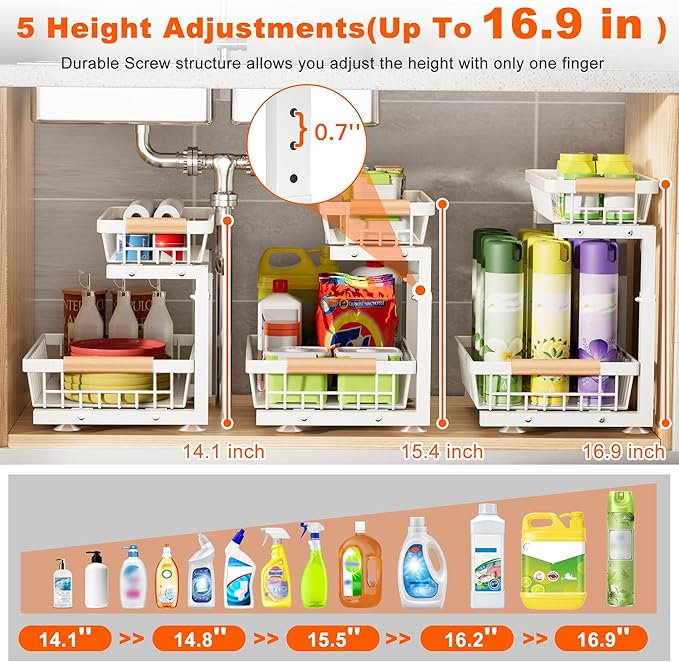 Under Sink Organizer, 2 Pack 2 Tier Under Sink Organizers and Storage, Slide Out Pull Out Cabinet Organizer Shelf, Height Adjustable Metal Drawer for Kitchen Bathroom Closet Organization Rack White