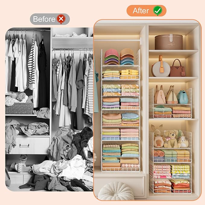 8 Tier Extended Width Hanging Closet Organizer, Sweater Storage for Closet Organizer System, Stackable Wire Basket Bins for Clothes Purse Shoes, Hanging Shelves with 4 Hooks & 4 Dividers Adjustable