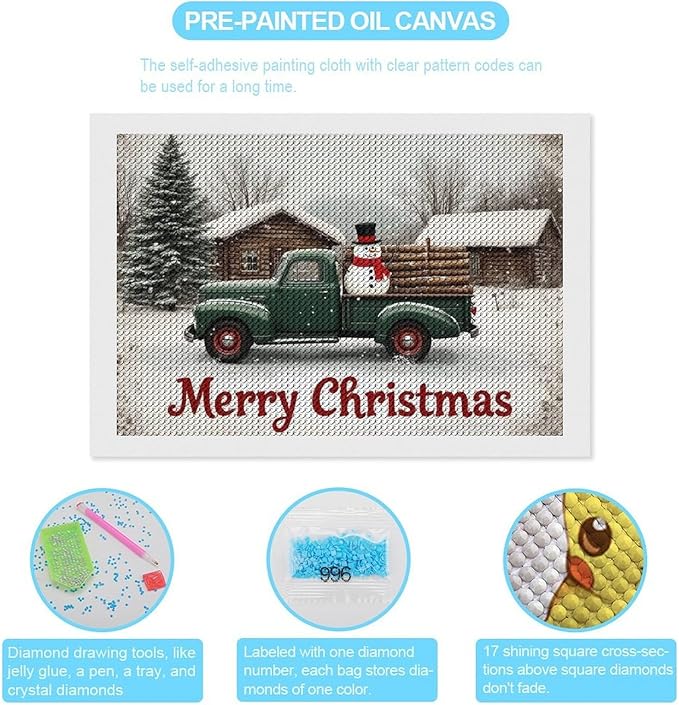 AIVKIEJK Diamond Painting Kits for Adults - Christmas Truck with Snowman & Cabin Winter Painting DIY 5D Full Drill Diamond Dots Paintings with Diamonds Gem Art and Crafts Home Decor 8"x12"