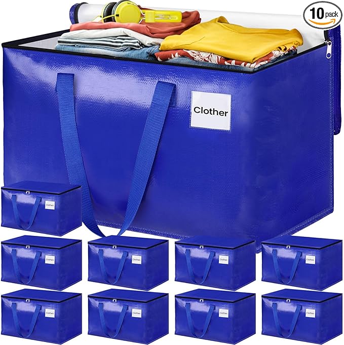 Moving Bags, Storage Bags with Sturdy Handles and Heavy Duty Zippers, Storage Totes for Space Saving, Moving & Storage, Collapsible Moving Supplies(125L, 10-Pack, Blue)