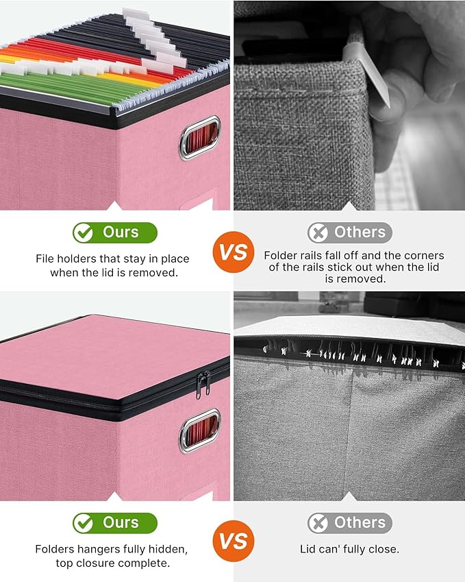 Oterri 2 Pack Large File Organizer Boxes with Lids, File Box with Mesh Pockets, Document Organizer Box for Legal/Letter Size Folders, Zippers Important Document Organizer (Pink, Without Folders)