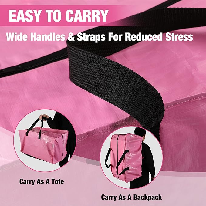 WORKPRO 6 Pack Extra Large Moving Bags with Zippers & Carrying Handles Backpack Straps, Heavy-Duty Storage Tote for Space Saving Moving Storage (Pink)