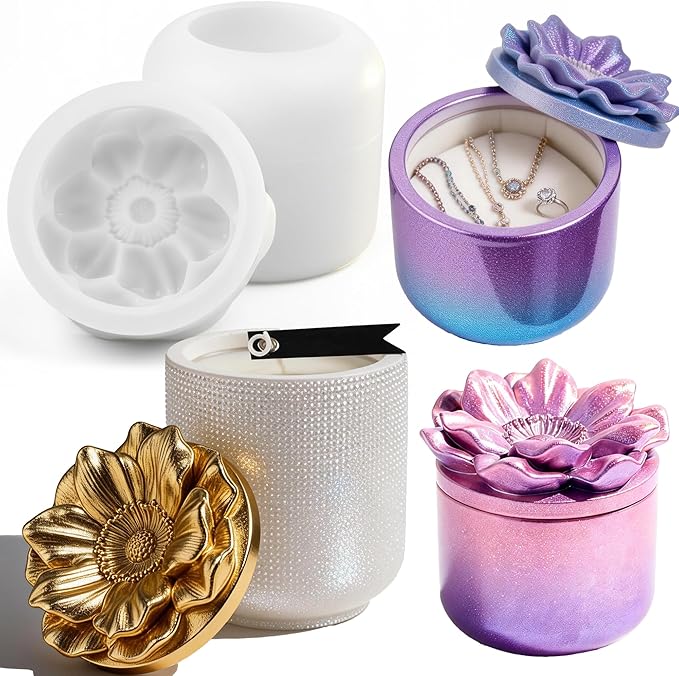 1Pc Jar Epoxy Resin Casting Mold with Poppy Flower Lid Jewelry Storage Box Container Silicone Mold for DIY Plant Flowerpot Vase Candle Holder Concrete Art Craft Home Decor Polymer Clay