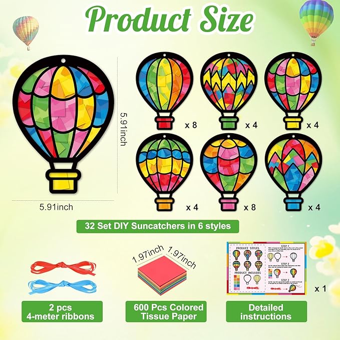 Tinlade 24 Sets Crafts Suncatcher Tissue Paper Craft Kit DIY Window Decor Make Your Own Cross Hanging Ornaments for Holiday Activities Party Favors(Hot Air Balloons)