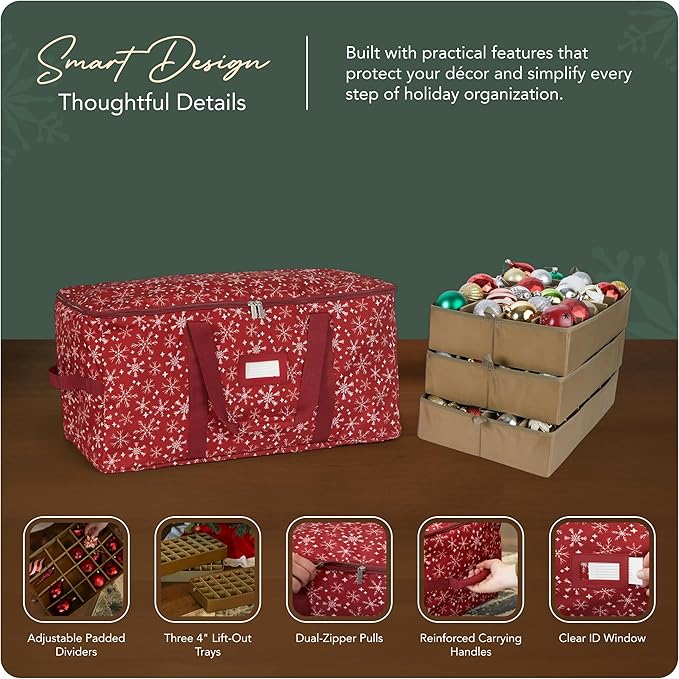 Covermates Keepsakes Adjustable Ornament Storage Bag – Heavy-Duty Polyester, Padded Dividers & FlexGrid Trays – Protective Holiday Ornament Organizer with Handles & Label Window, Red Snowflake