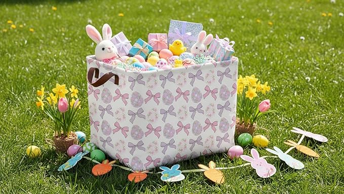 Rectangle Easter Basket Empty,Easter Gift Bakset,Easter Basket for Egg Hunting,Room Decor(Bowknot Easter Basket)