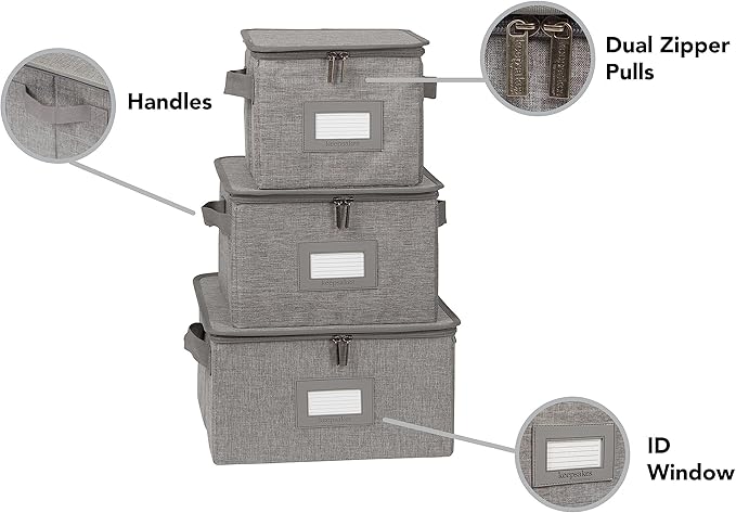 Covermates Dish Storage Box Set – China & Dinner Plate Storage Containers with Felt Dividers, Dual Zippers, Reinforced Handles, ID Window & Stackable Design, Grey Heather