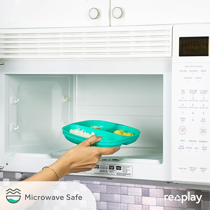 Re-Play Toddler Plates with Dividers - Deep-Walled 3 Compartments Divided Plates for Kids - Dishwasher & Microwave Safe - Made in USA - Set of 4-7.37" x 7.37" x 1.25" - Christmas