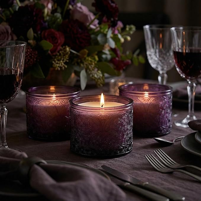 10 oz Embossed Glass Candle Container with Bamboo Lids and Labels, Purple Candle Jars for Making Candles, Mandala Design - Pack of 9