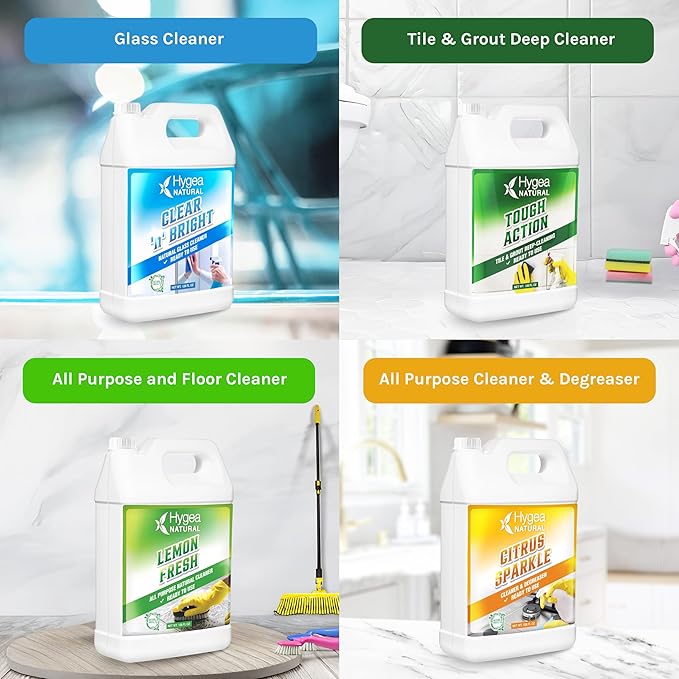 Hygea Natural Cleaning Starter Kit - 1 Gallon - Eco-Friendly Household Cleaners - Degreaser, All Purpose Cleaner, Glass Cleaner, & Tile and Grout Cleaner - Kids & Pet-Friendly (4 Pack)