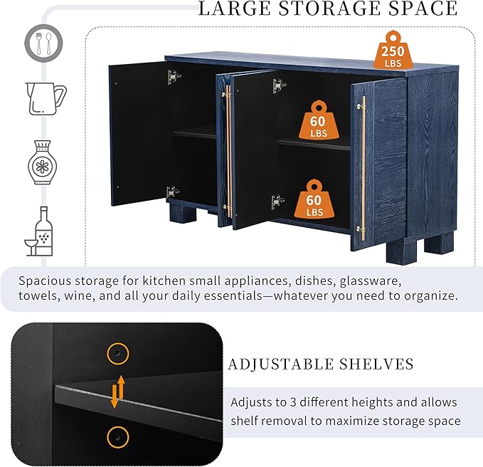 Amposei Modern Sideboard Cabinet 60-Inch Wood Console Storage Cabinet Credenza Dining Buffet Table with 4 Doors and Adjustable Shelves for Living Room Entryway, Navy Blue