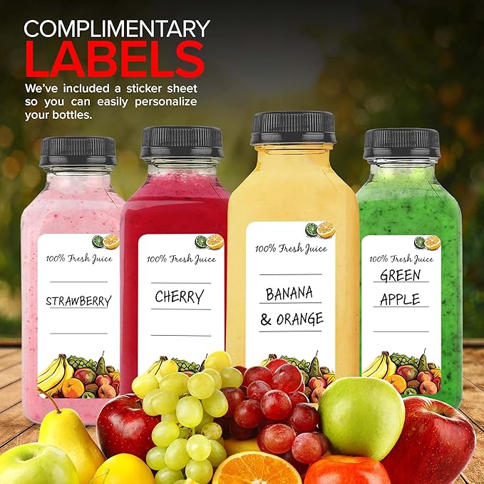 12 oz Juice Bottles with Caps for Juicing (12 pack) - Reusable Clear Empty Plastic Water Bottles - Drink Containers for Mini Fridge, Juicer Shots Includes Labels, Brush & Funnel