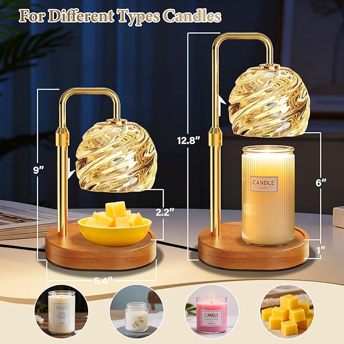 WarmEmbrace Candle Warmer Lamp with Timer for Jar Candles - Dimmable, Height and Brightness Adjustable Electric Wax Warmer Gold, 2 Bulbs Included, House Warming Gift & Vintage Home Decor