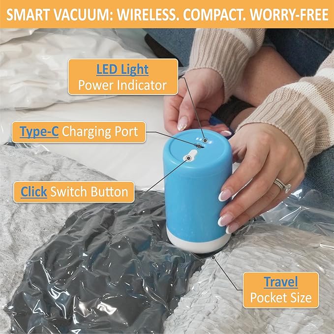Cozy Essential Travel Vacuum Storage Bags with Rechargeable Cordless USB Pump, Space Saver Bags for Luggage, Suitcase, Carry-On, for Clothes, Blankets, Bedding & Seasonal Storage,22 Combo