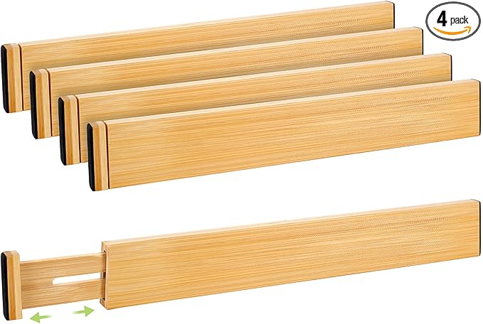 Fyvva Drawer Divider, Adjustable Bamboo Kitchen Drawer Organizer, Spring Loaded Drawer Organizer, Dresser Separators for Kitchen, Bathroom, Clothes, Office Desk Storage (Natural, 4 Pack Large)