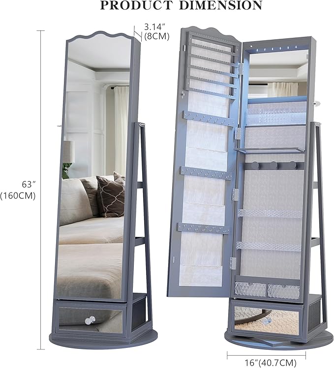 Lvifur 360° Rotating LED Jewelry Armoire w/Full Length Mirror, Large Capacity Jewelry Organizer Armoire w/Lights, Lockable Floor Standing Mirror Cabinet with Storage Shelves for Bedroom, Cloakroom