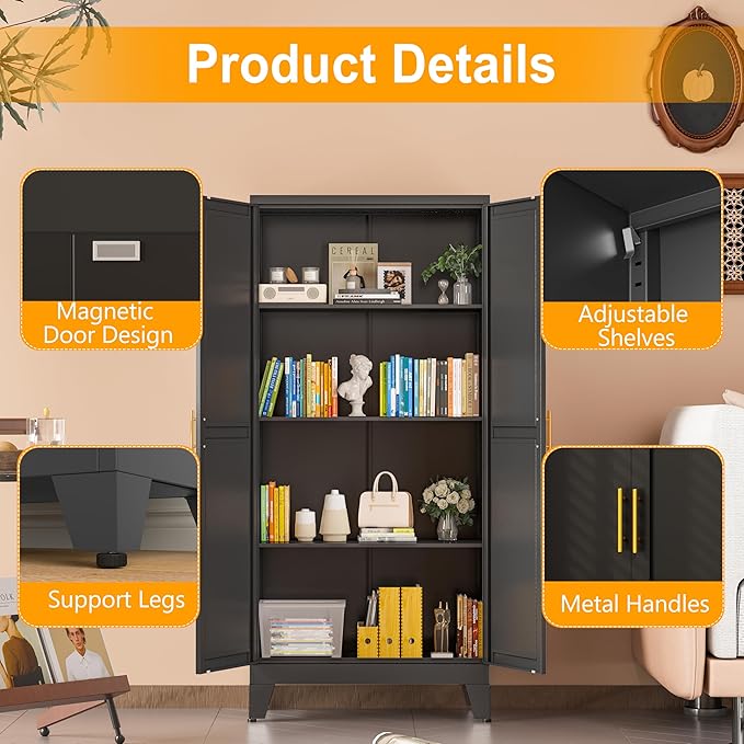 Ckzbx Black Metal Cabinets with Doors and Shelves,47.25" H Storage Cabinet White Pantry Cabinet Garage Cabinets for Kitchen,Living Room,Dinning Room