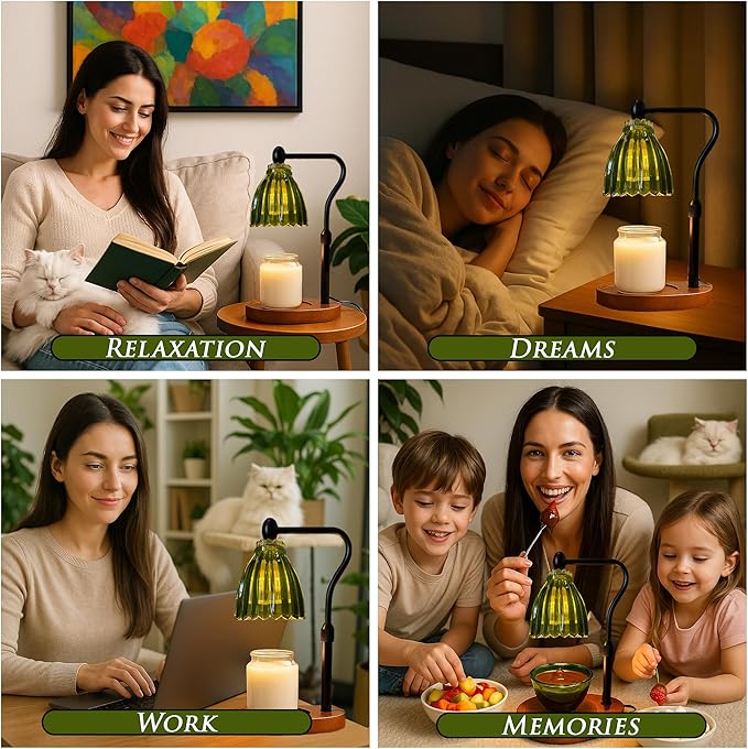 Green Candle Warmer Lamp with Timer - Wax Melt Warmer, Dimmable Electric Candle Lamp, Dark Academia Cottagecore Boho Decor, Adjustable Height, Genuine Wood Base, 2 Bulbs Included, Gift for Her