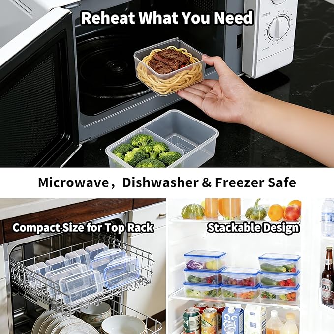 KIGI Lunch Container Set with Small Containers, 3 Compartment Food Storage for Meal Prep & Snacks, Leak-Proof & Airtight lids, BPA-free Plastic, Removable Divided Inserts, Microwave Safe, 24 Piece Set