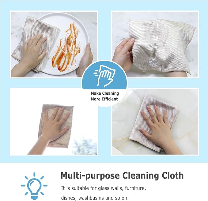 Choicy Microfiber Cleaning Cloth Reusable Cleaning Cloths Cleaning Rags 10Pcs 12×16inch Lint Free Dish Cloths No Odor Fish Scale Microfiber Towels for Cars Glass Windows Mirrors Kitchen (Beige)