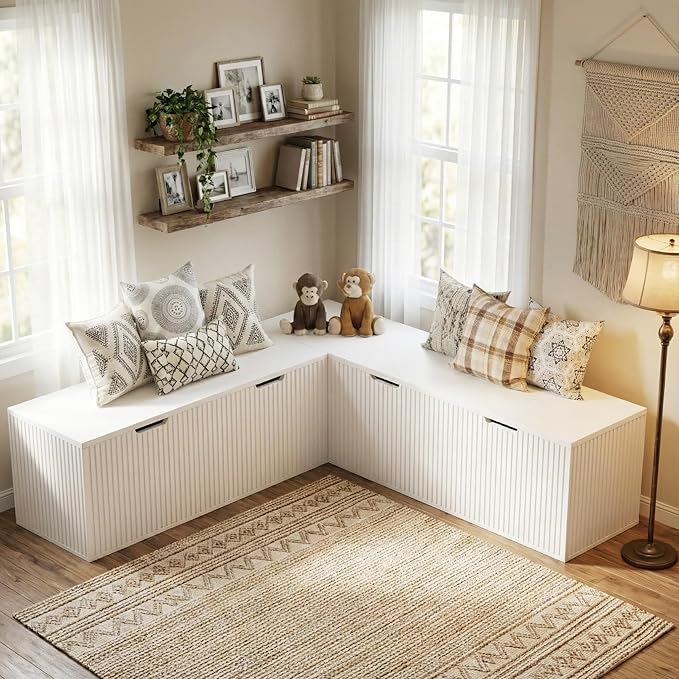 L-Shape Bench with Cushion,Backless Wood Kitchen Breakfast Corner Bench with Hidden Storage,Corner Dining Bench for Entryway,Dining Nook, Kitchen,Cloakroom,White