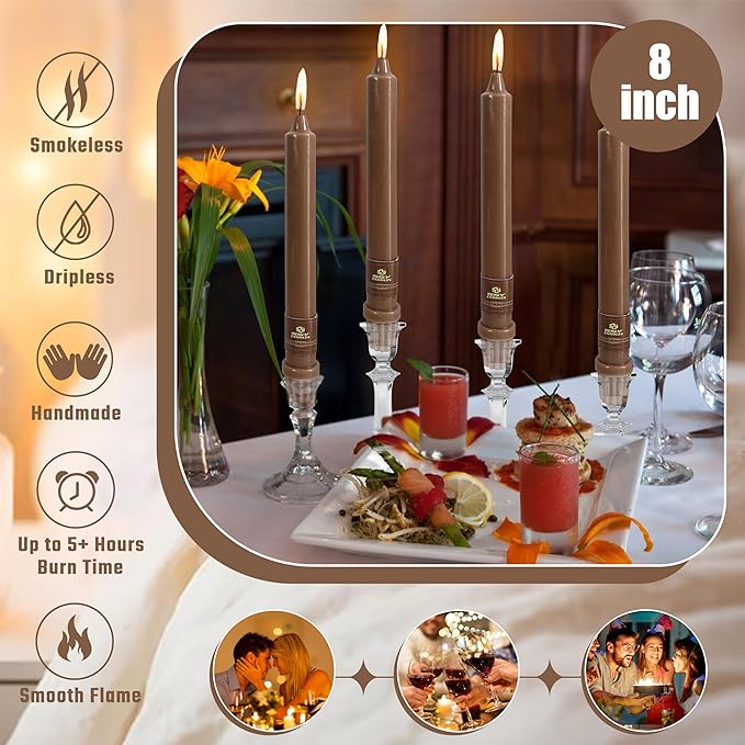 Brown Short Taper Candle 8 Inch Candlesticks Unscented Dripless Tapered Candle Set for Home Decor Wedding Party Dinner Candles, 4 Pack