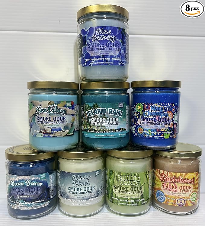 Smoke Odor Exterminator 13 oz Jar Candles Blue Serenity, Assortment (8) Includes Blue Serenity, Winter Wind, Ocean Breeze, Nag Champa, Bamboo Breeze, Island Rain, Sea Glass & Sandalwood.