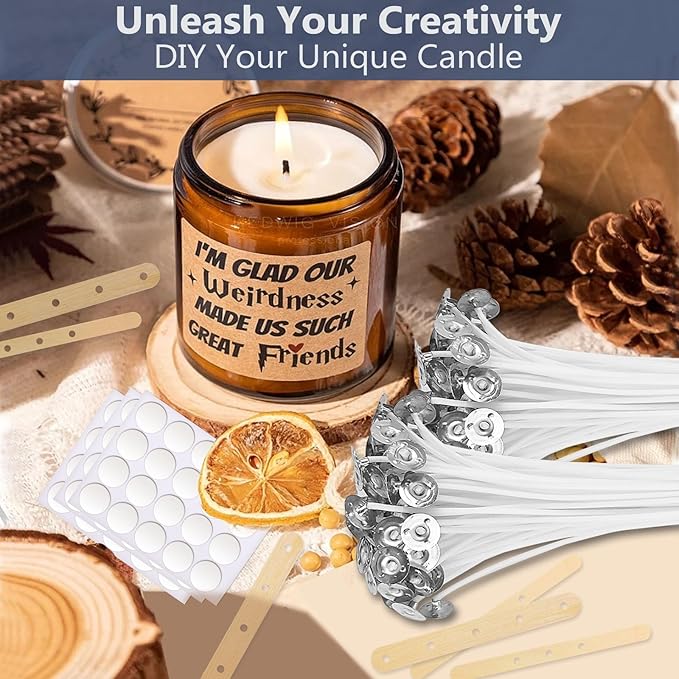 150 Pcs Candle Wicks for Candle Making, 100 Pcs Candle Wick Stickers, 6 Pcs Wooden Candle Wick Centering Device, Pre Waxed Cotton Wick with Metal Sustainer Tabs for Candle Making, 4in, 6in, 8in