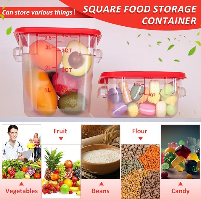 Yungyan 16 Pcs Restaurant Food Storage Containers with Lids Set 2Qt and 4Qt Commercial Restaurant Square Storage Containers Clear Food Cereal Container for Kitchen Freezer (Red Lids)