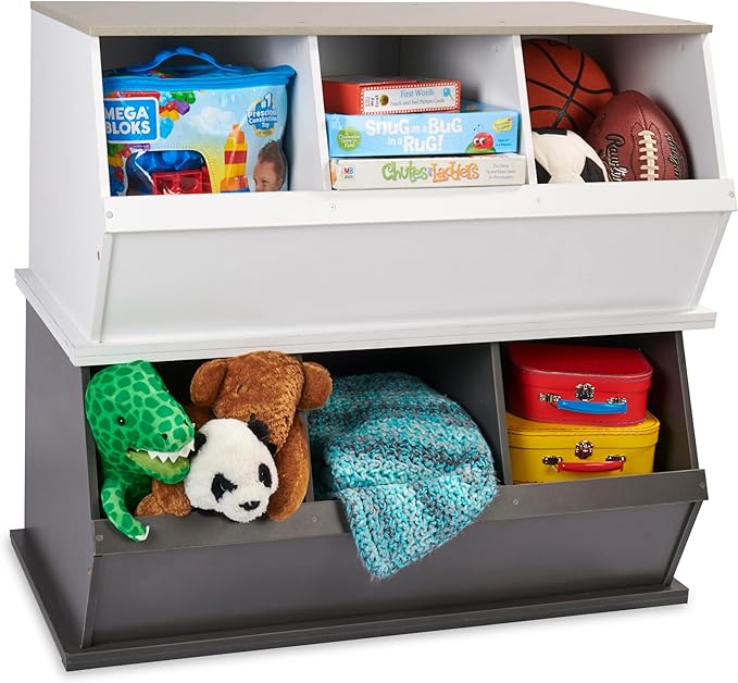 Badger Basket Three Bin Stackable Toy Storage Cubby Organizer for Kids, Playroom, Nursery, or Bedroom – Durable Wooden Design with Open Front Bins for Books, Toys & More – Charcoal/Light Gray