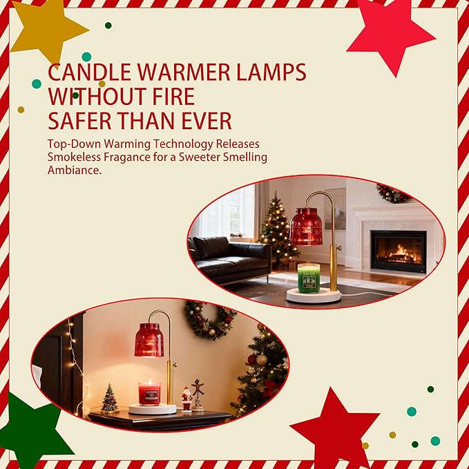 AIKUT Christmas Candle Warmer Lamp, with 2 Bulbs,Timer & Dimmer,Compatible with Large Yankee Candle Jars,3 Wick Candles,Height Adjustable Electric Top Melter,Red,110-120v,Mother's Day Gifts