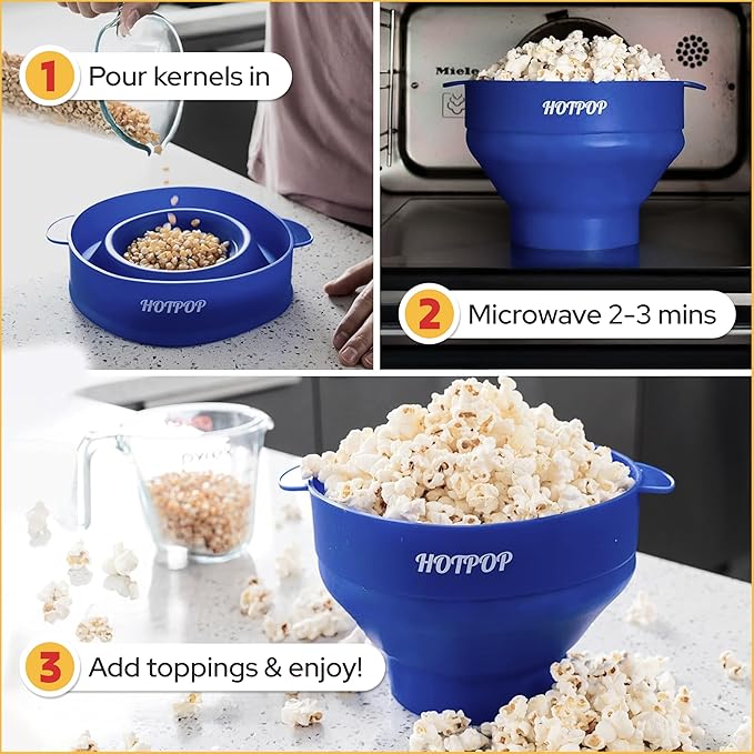 The Original Hotpop Microwave Popcorn Popper, Silicone Popcorn Maker, Collapsible Bowl BPA-Free and Dishwasher Safe- 20 Colors Available (Blue) (Pack of 2)