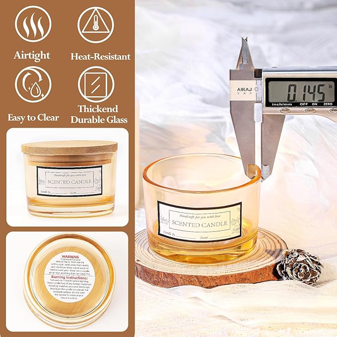 CONNOO 15 Pack 4 OZ Gold Amber Glass Candle Jars with Airtight Bamboo Lids for Making Candles, Bulk Small Wide Mouth Empty Candle Containers with Sticky Warning Labels - Dishwasher Safe, Champagne