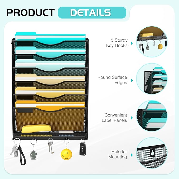 Delifox 7-Tier Wall File Organizer Hanging Wall File Holder Wall Mount Paper Folder Organizer, Mesh Mail Paper Orgnization Hanging File Folder Holder for Home Office, Black